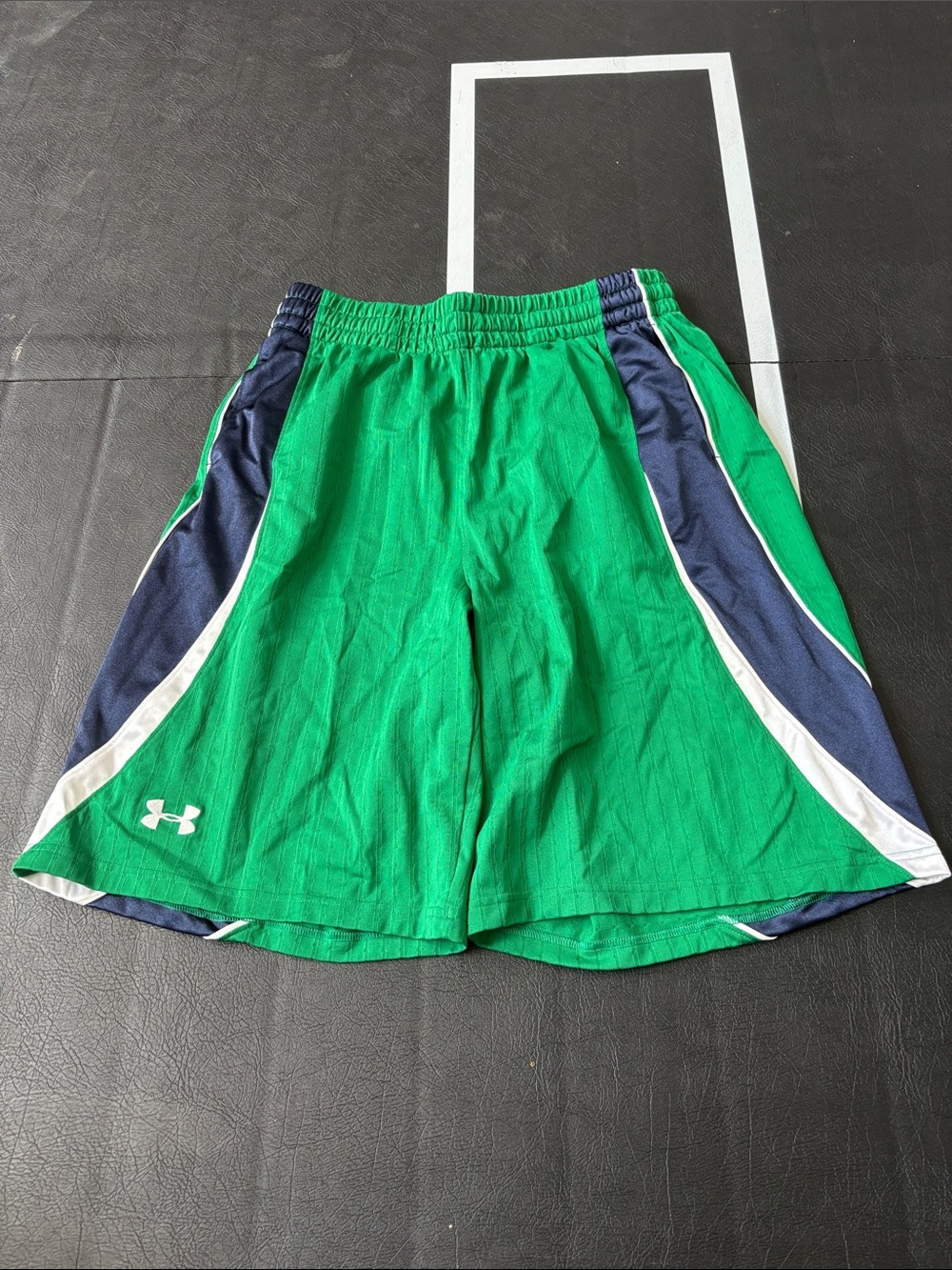 Under Armour Green Athletic Basketball Shorts with Navy and White Accents